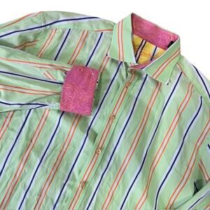 Robert Graham Striped Colorful Flip Cuff Button Up Shirt Mens 3XL Green Pink